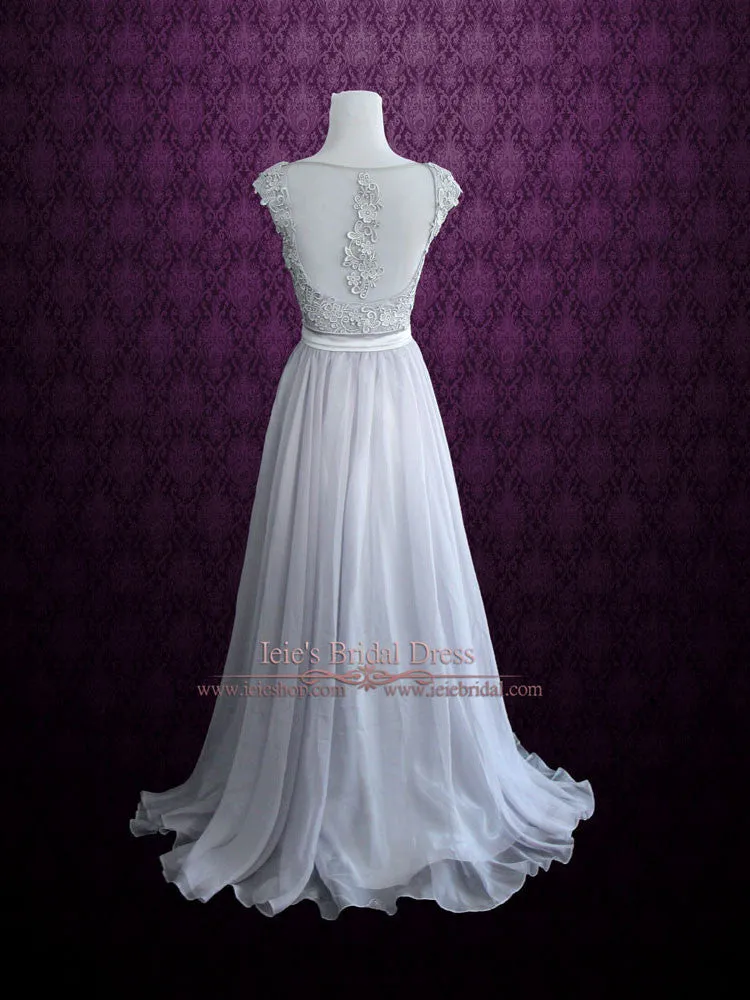 Gray Cap Sleeves Lace Chiffon Long Evening Dress