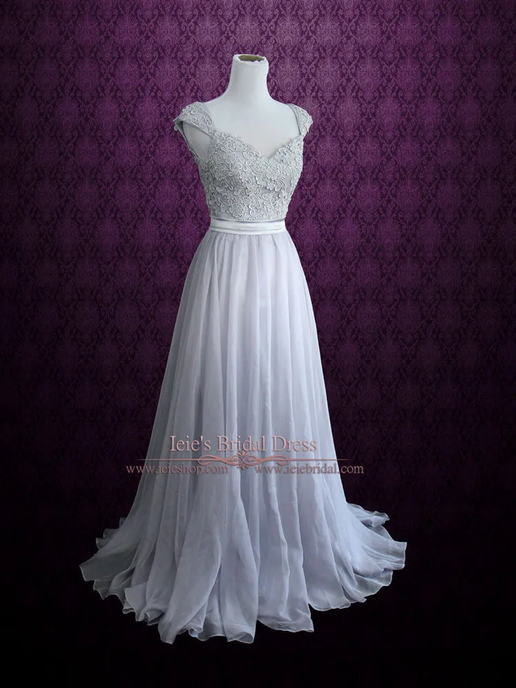 Gray Cap Sleeves Lace Chiffon Long Evening Dress