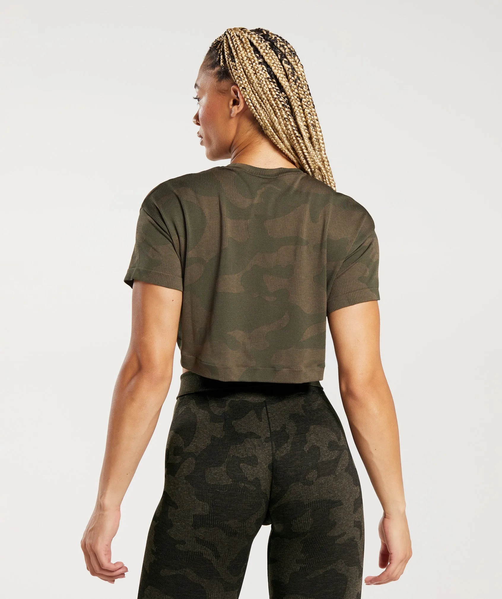 Gymshark Adapt Camo Seamless Ribbed Crop Top - Winter Olive/Soul Brown