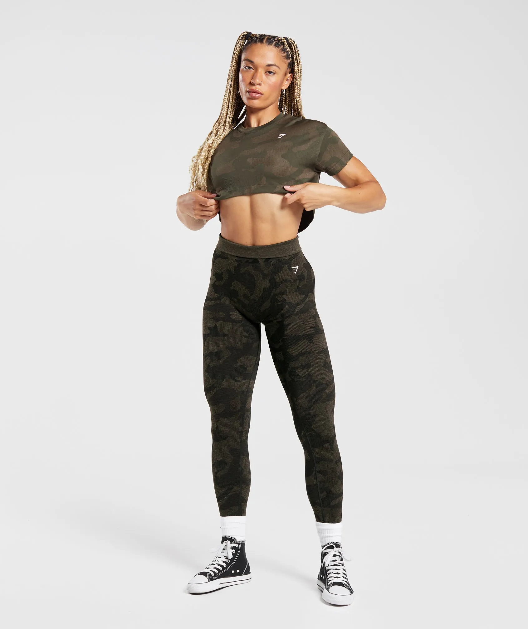 Gymshark Adapt Camo Seamless Ribbed Crop Top - Winter Olive/Soul Brown