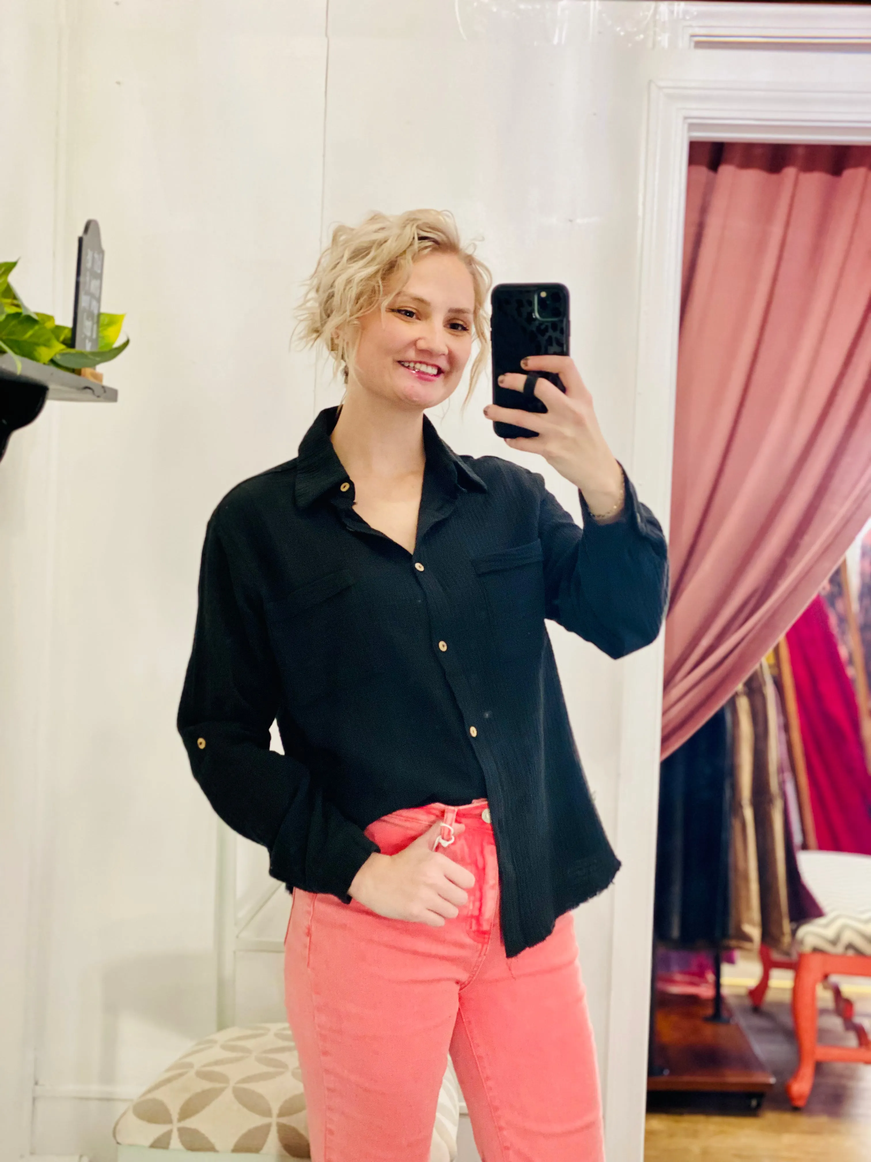 Indie Frayed Button Up Long Sleeve Top - Black