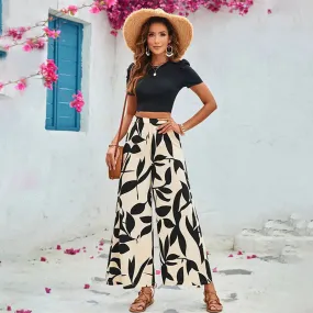 Leaf Printed Casual Cropped T-shirt Blouse And Pants