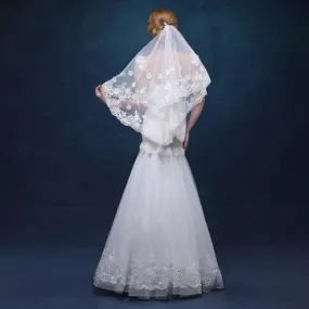 Medium Length Veil with Lace Applique, Flowers, and Beading