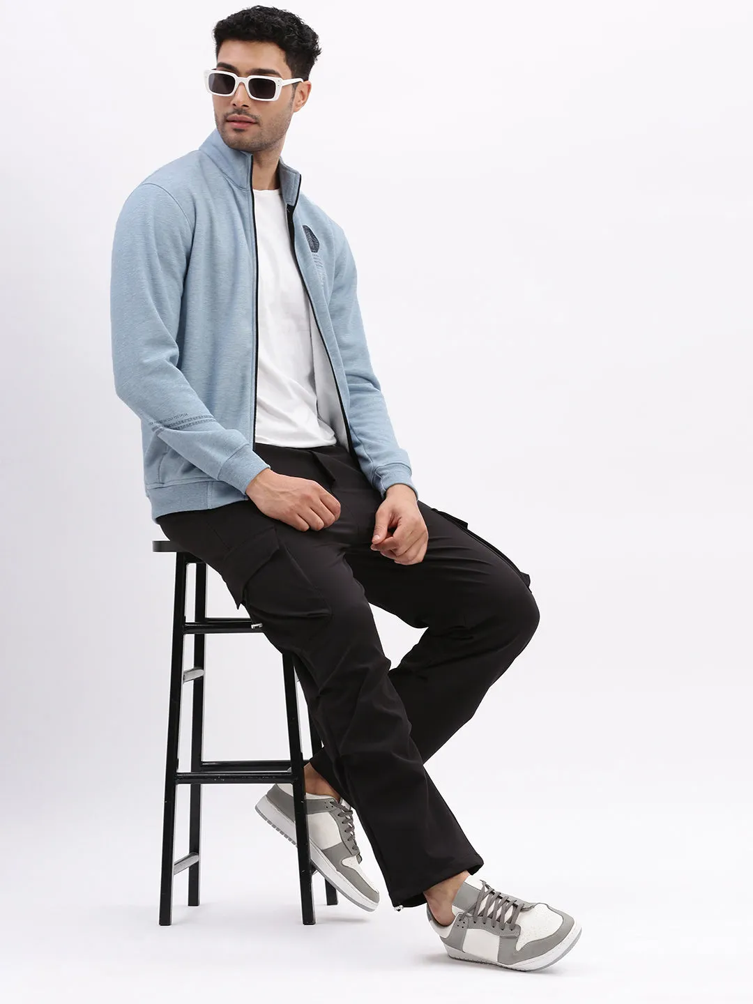 Men Mock Collar Blue Solid Tailored Jacket