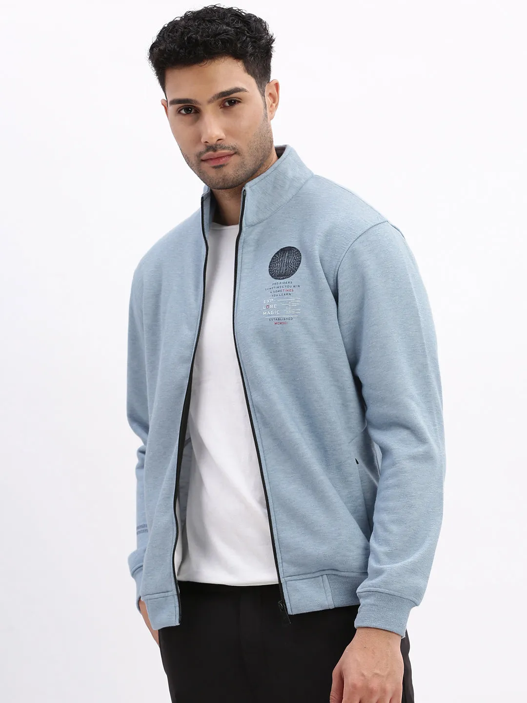 Men Mock Collar Blue Solid Tailored Jacket