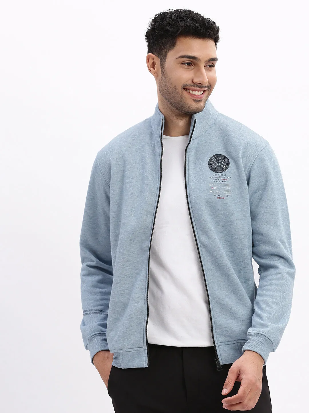 Men Mock Collar Blue Solid Tailored Jacket