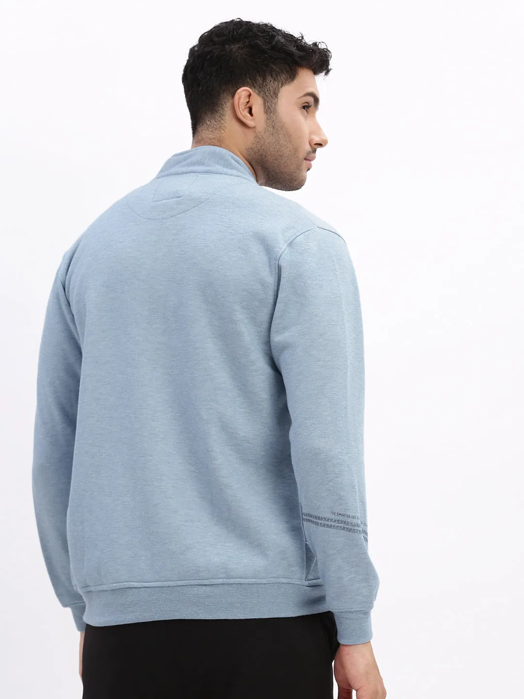 Men Mock Collar Blue Solid Tailored Jacket