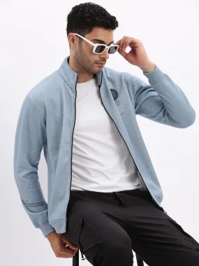 Men Mock Collar Blue Solid Tailored Jacket