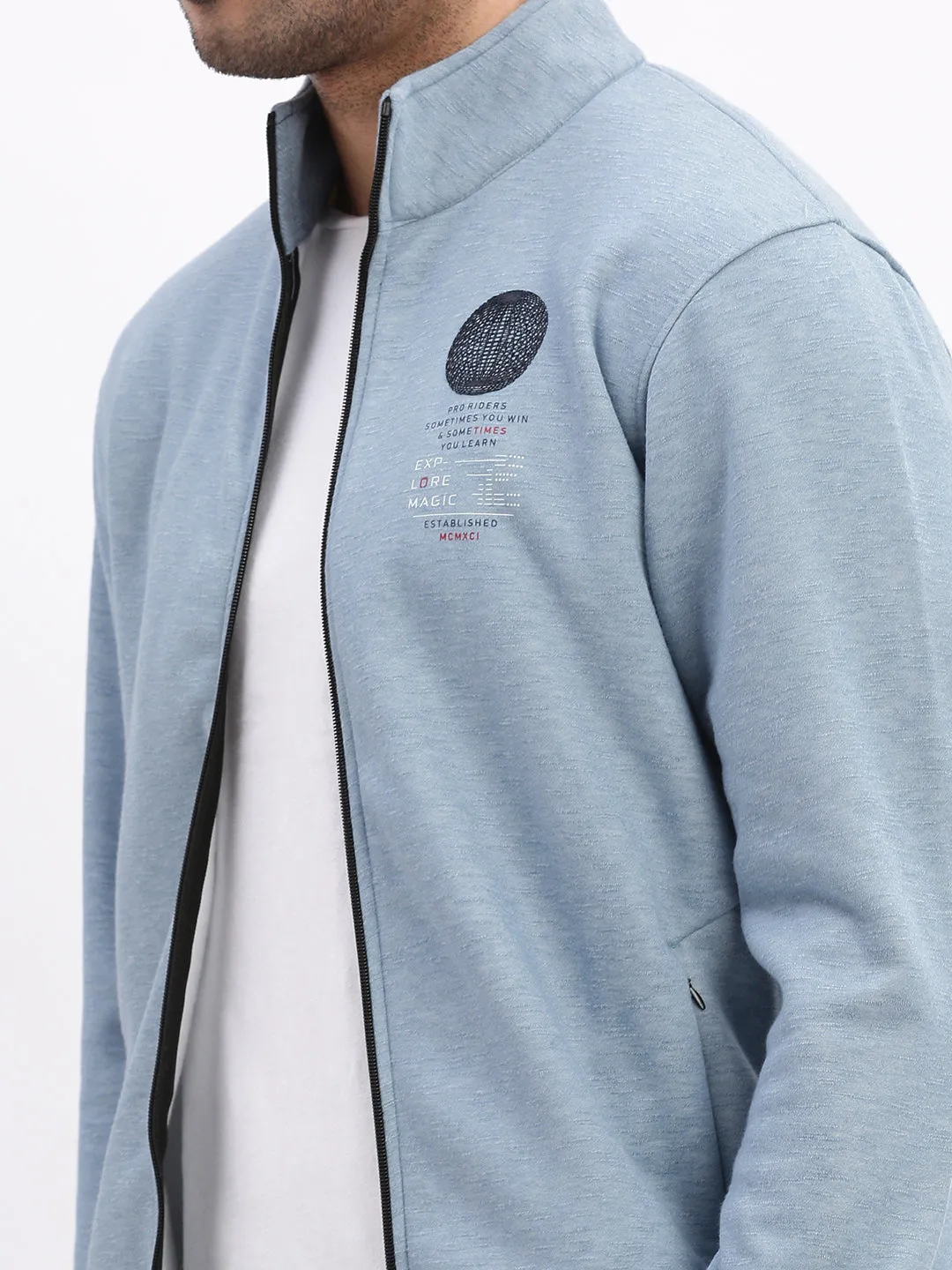 Men Mock Collar Blue Solid Tailored Jacket