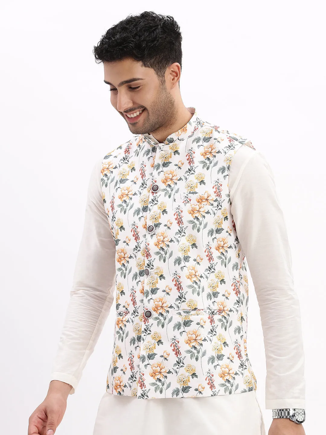 Men Printed Off White Nehru Jacket