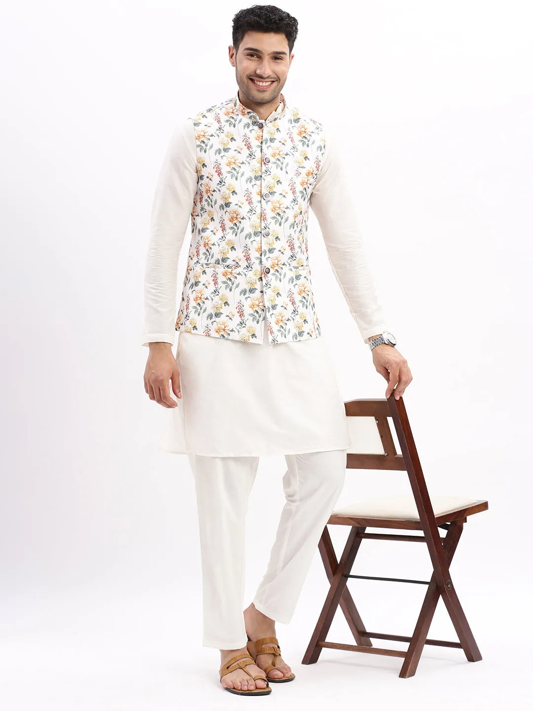 Men Printed Off White Nehru Jacket