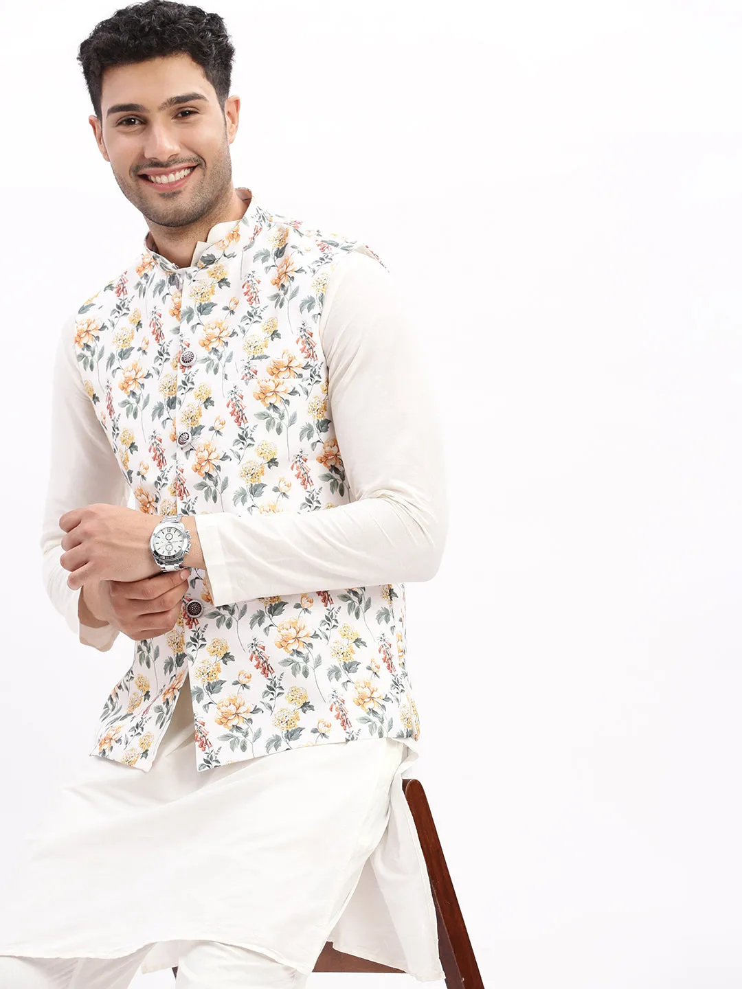 Men Printed Off White Nehru Jacket