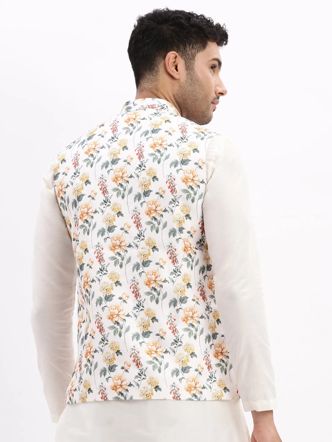 Men Printed Off White Nehru Jacket