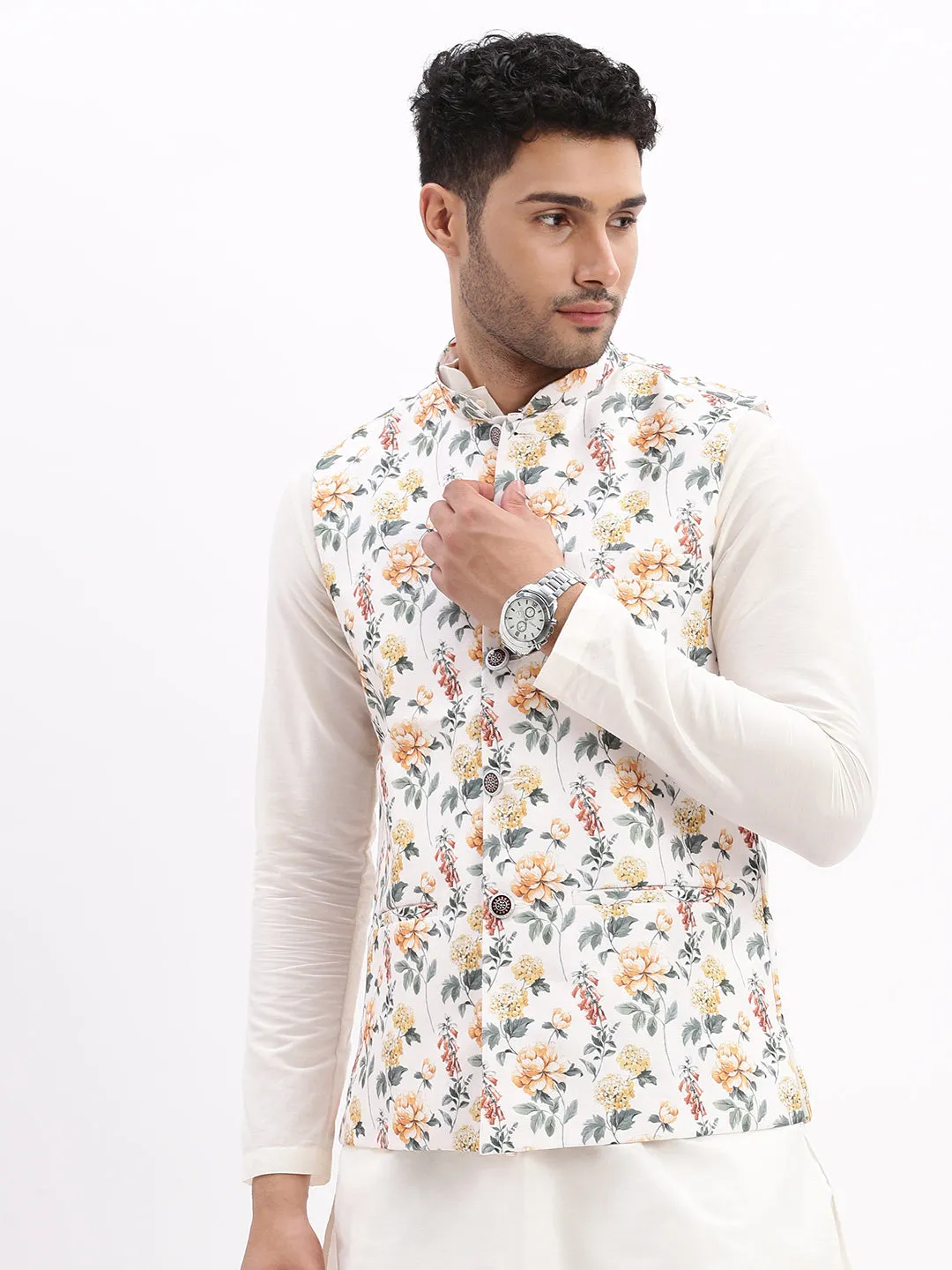 Men Printed Off White Nehru Jacket