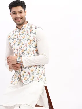 Men Printed Off White Nehru Jacket
