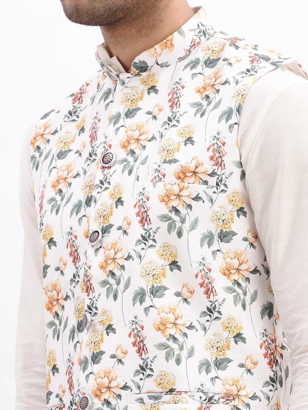 Men Printed Off White Nehru Jacket