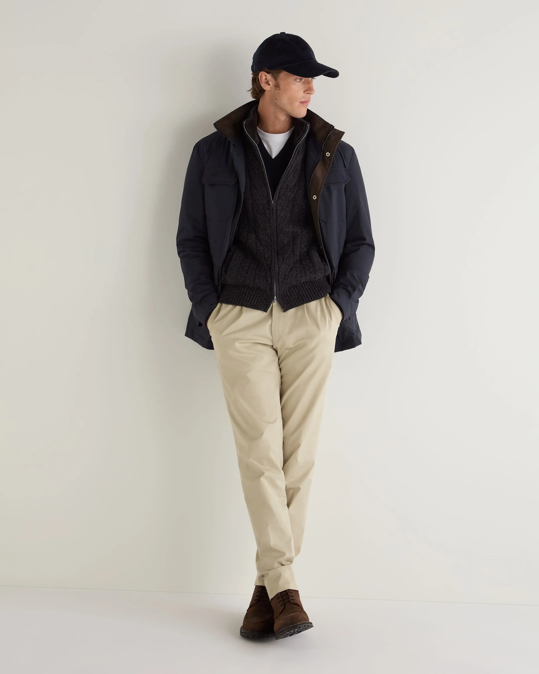 Men's Colorado Cable Fur Trim Cashmere Jacket Granite Blue