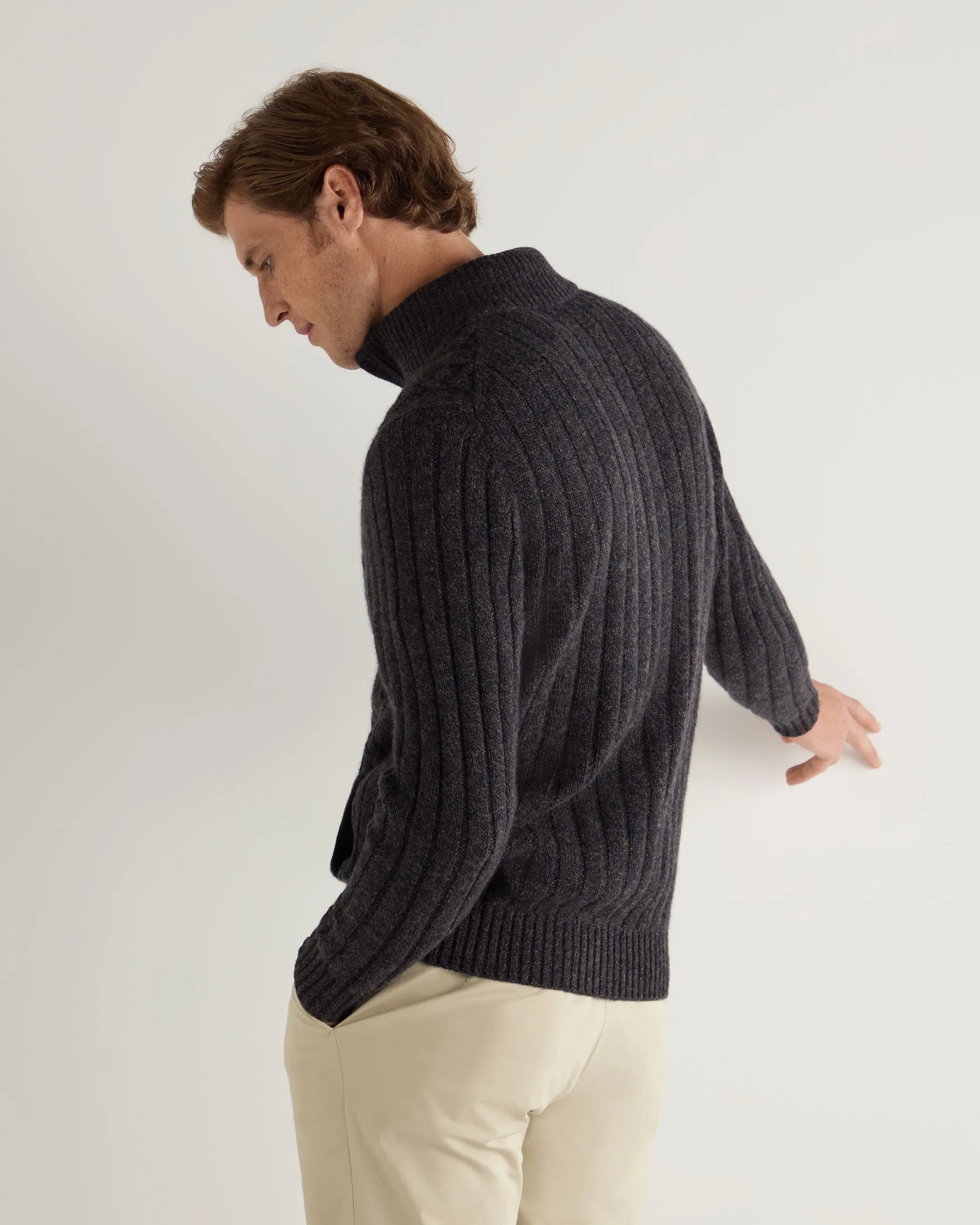 Men's Colorado Cable Fur Trim Cashmere Jacket Granite Blue