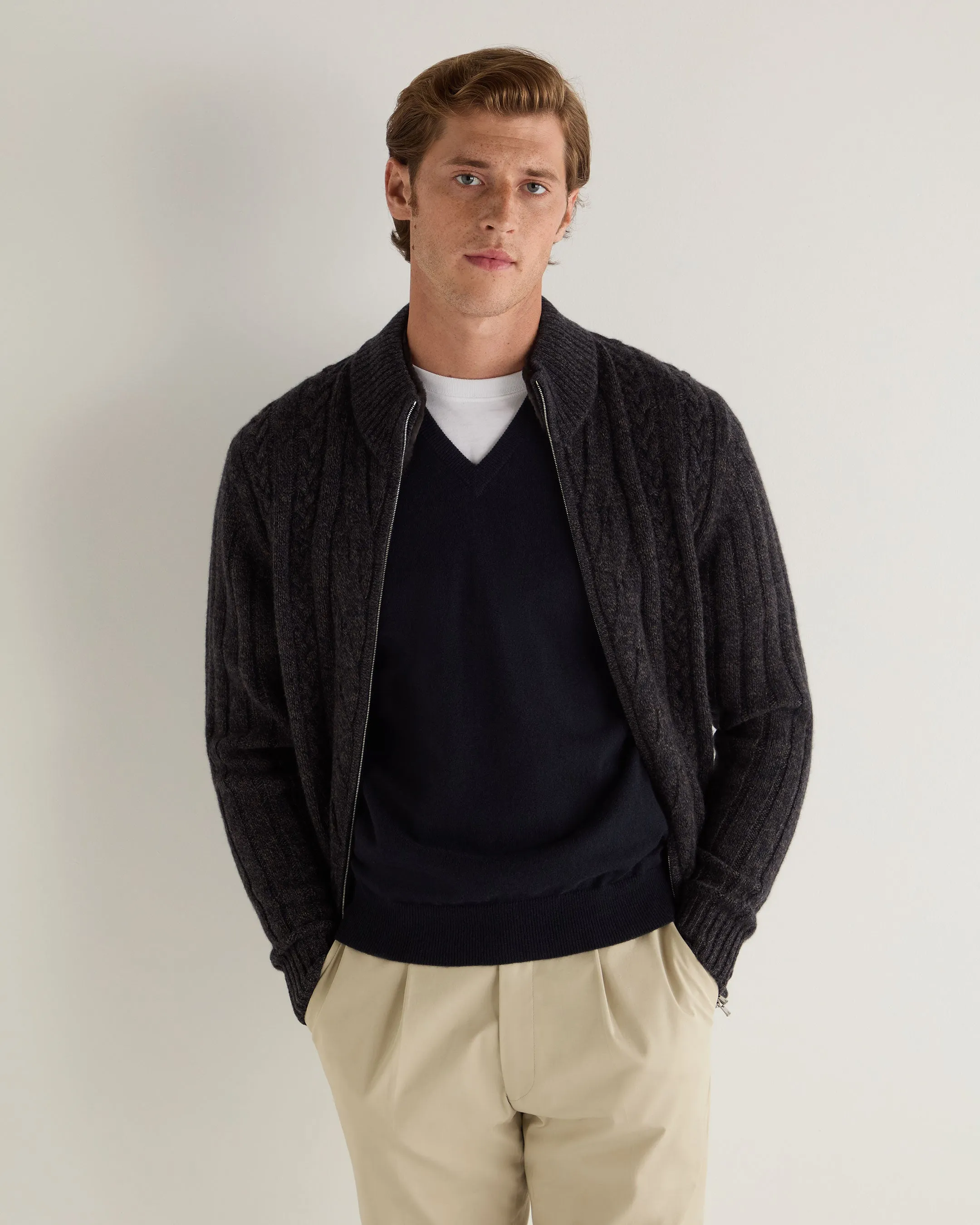 Men's Colorado Cable Fur Trim Cashmere Jacket Granite Blue