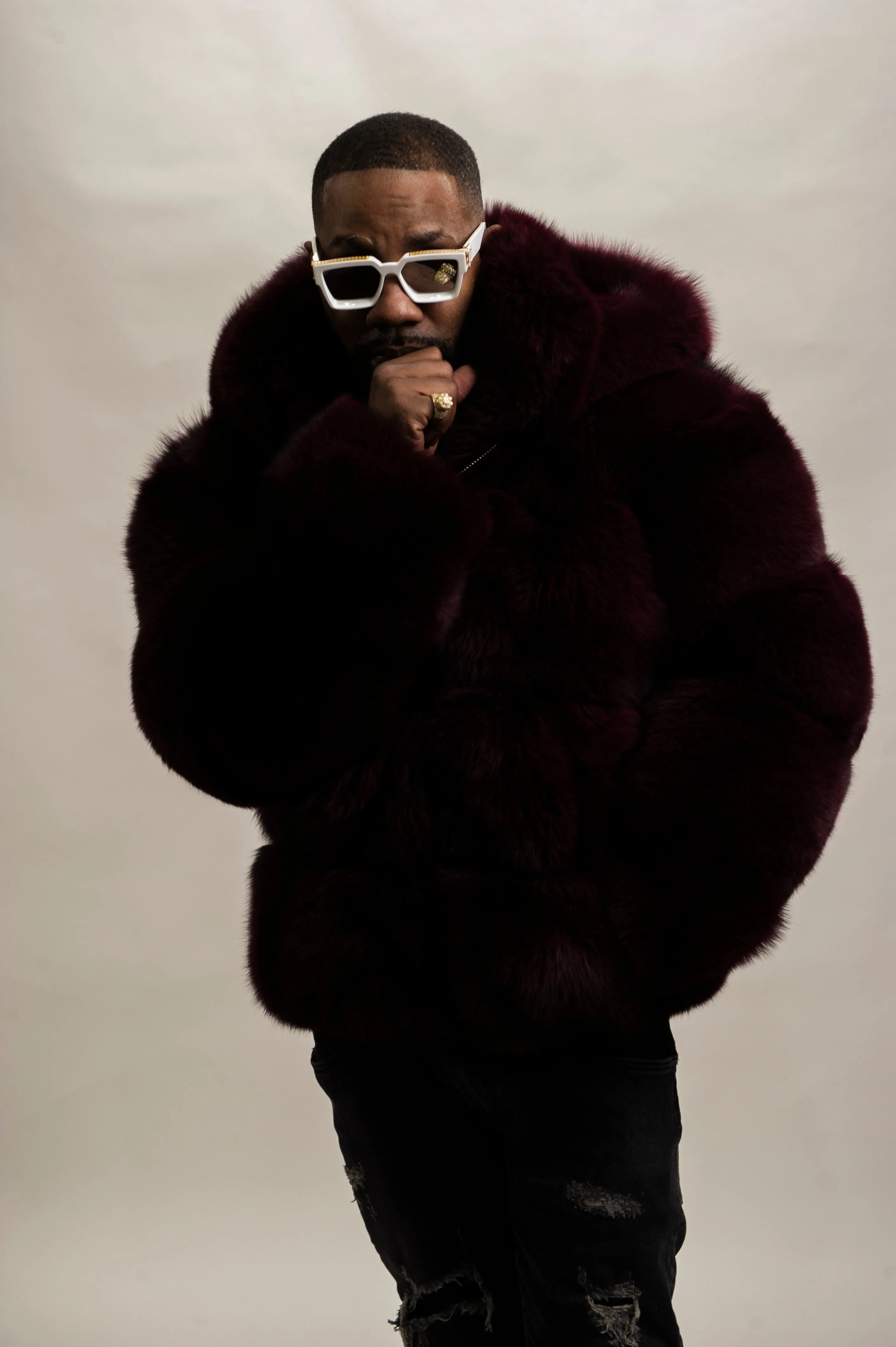 Men's Fox Bomber Fur With Hood [Wine]