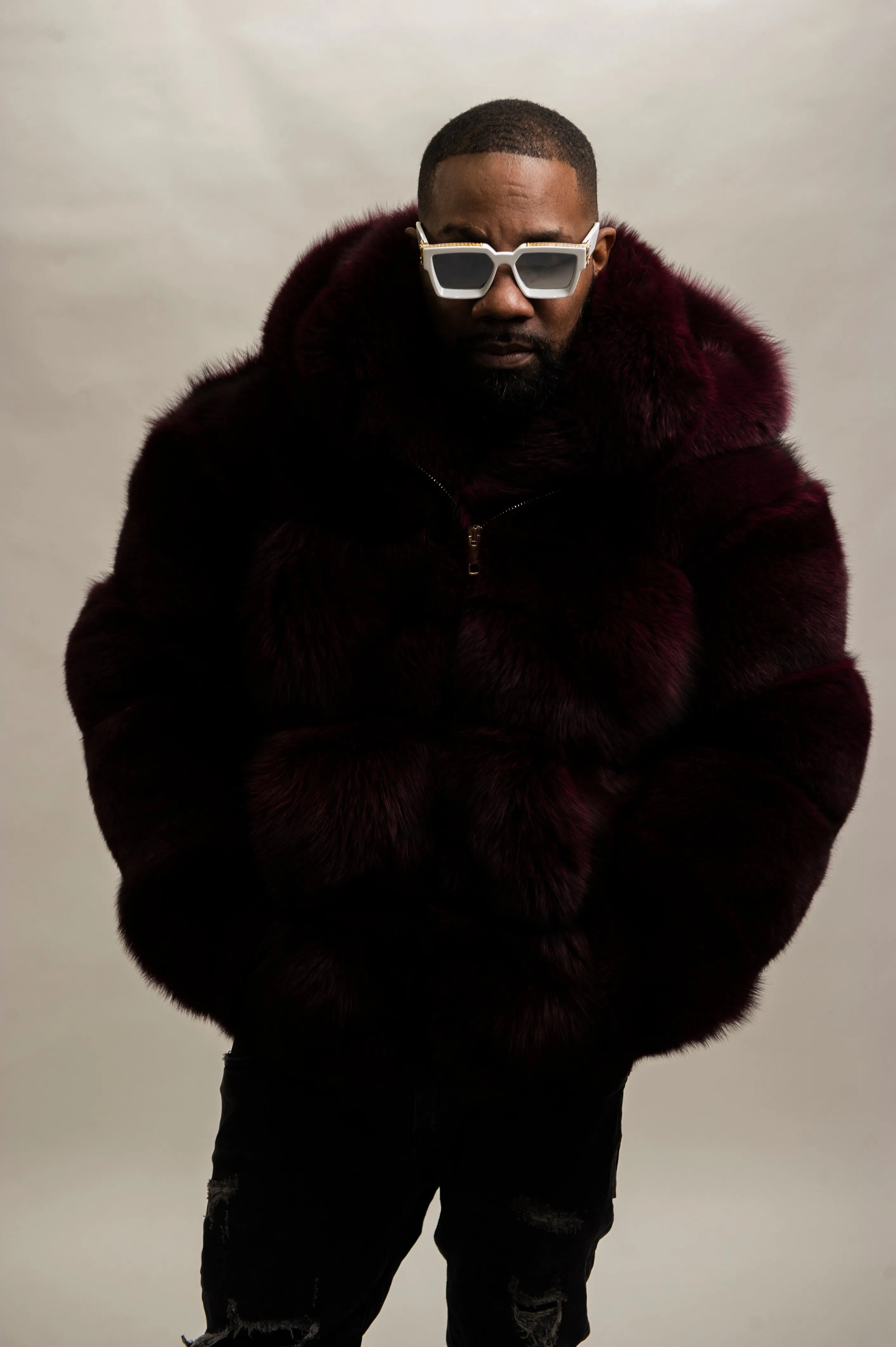 Men's Fox Bomber Fur With Hood [Wine]