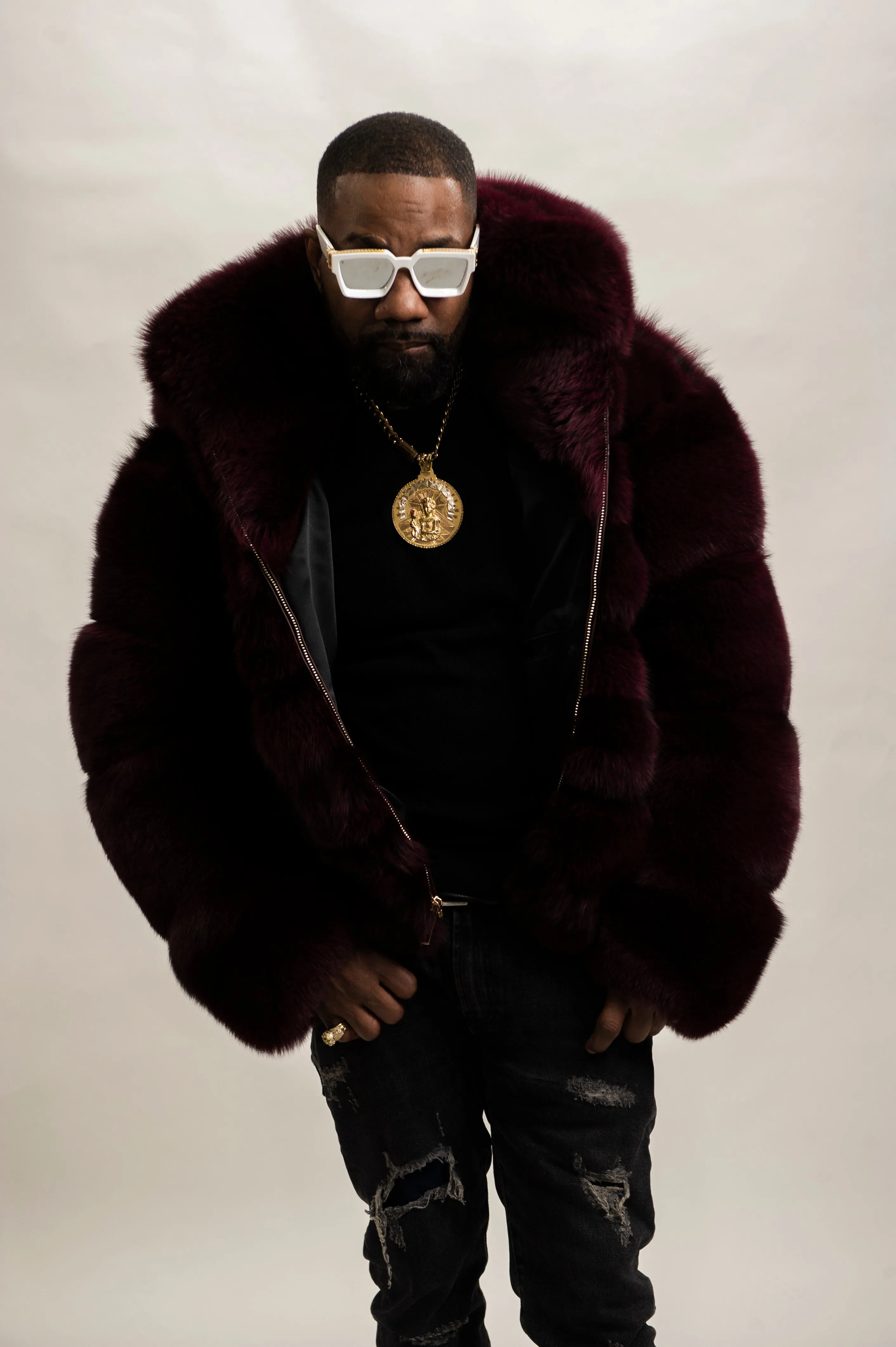 Men's Fox Bomber Fur With Hood [Wine]