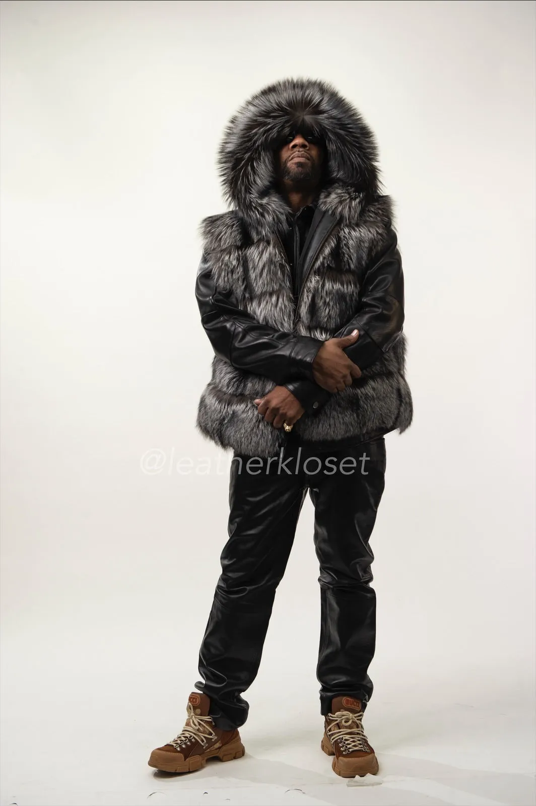 Men's Fox Fur Vest With Hood [Silver]