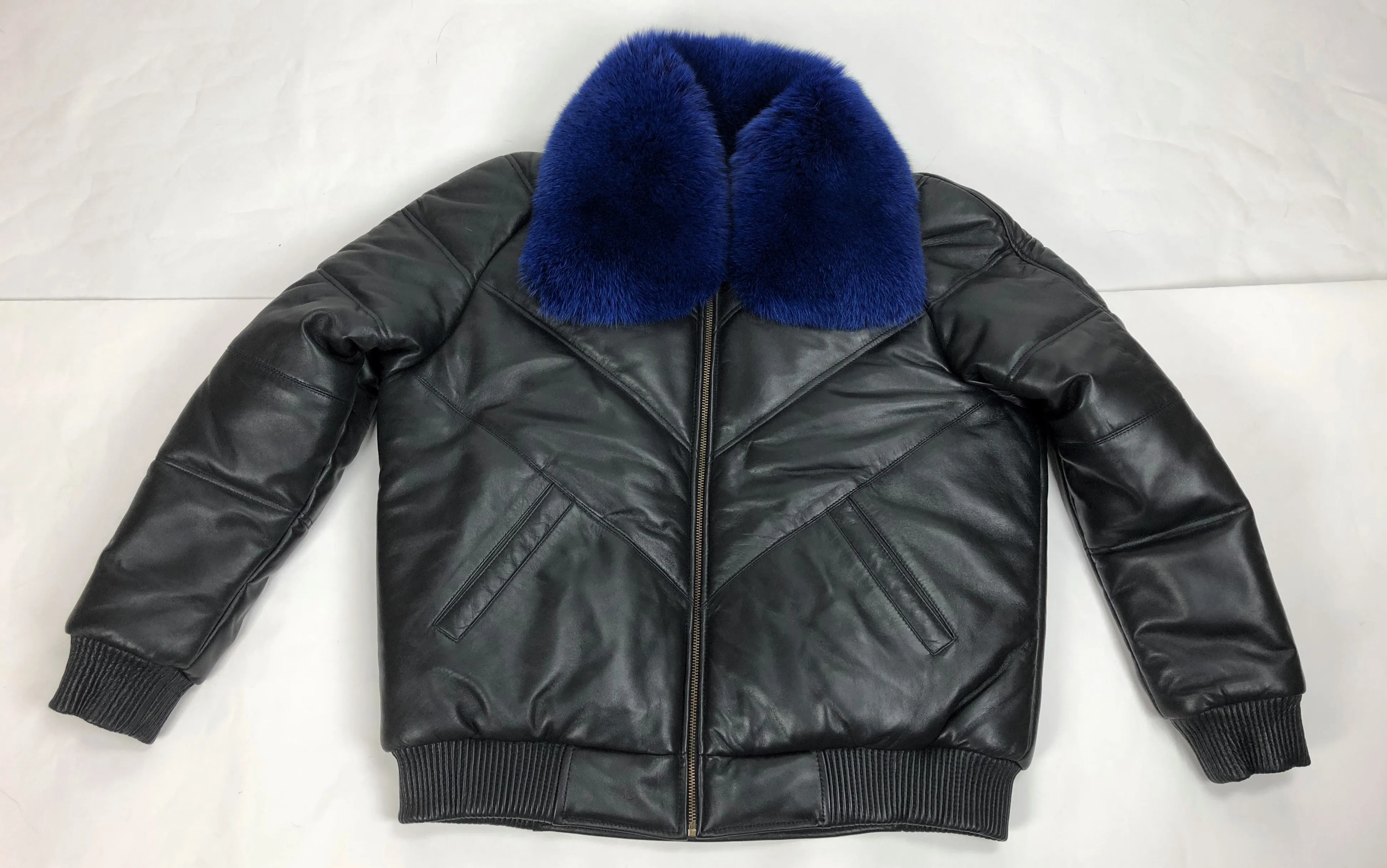 Men's V-Bomber Black Premium Royal Blue Fox Collar