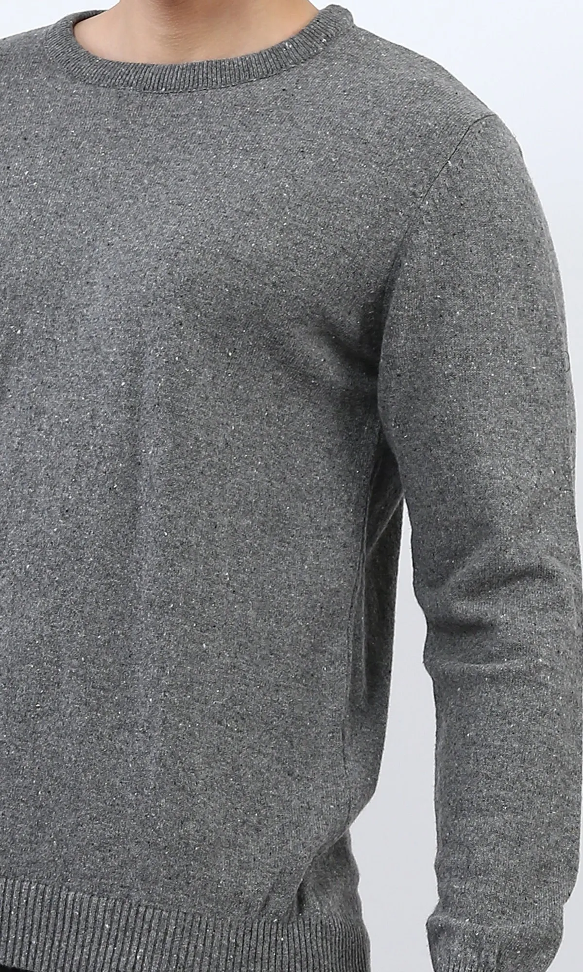 o198795 - Ribbed Hemline Round Neck Pullover - Dark Grey