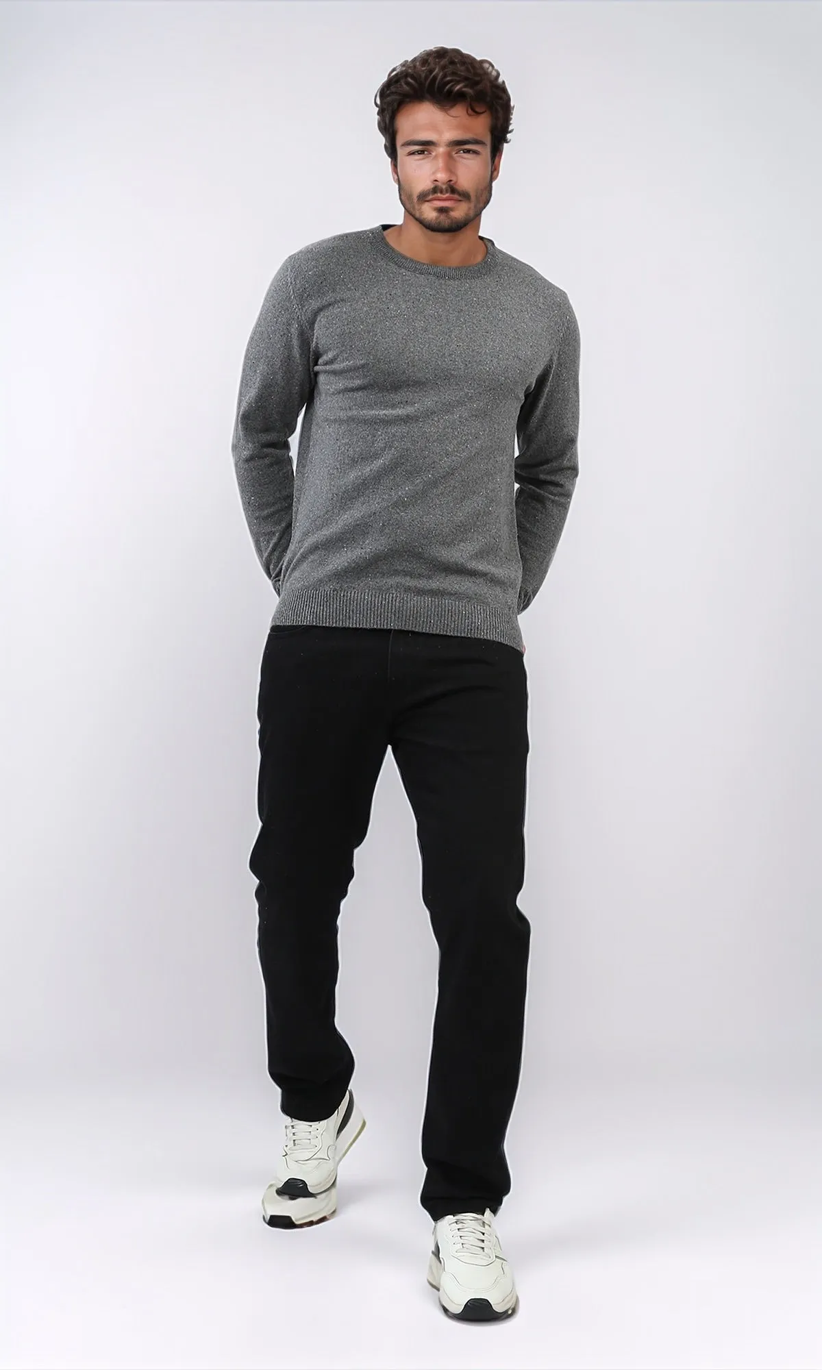 o198795 - Ribbed Hemline Round Neck Pullover - Dark Grey