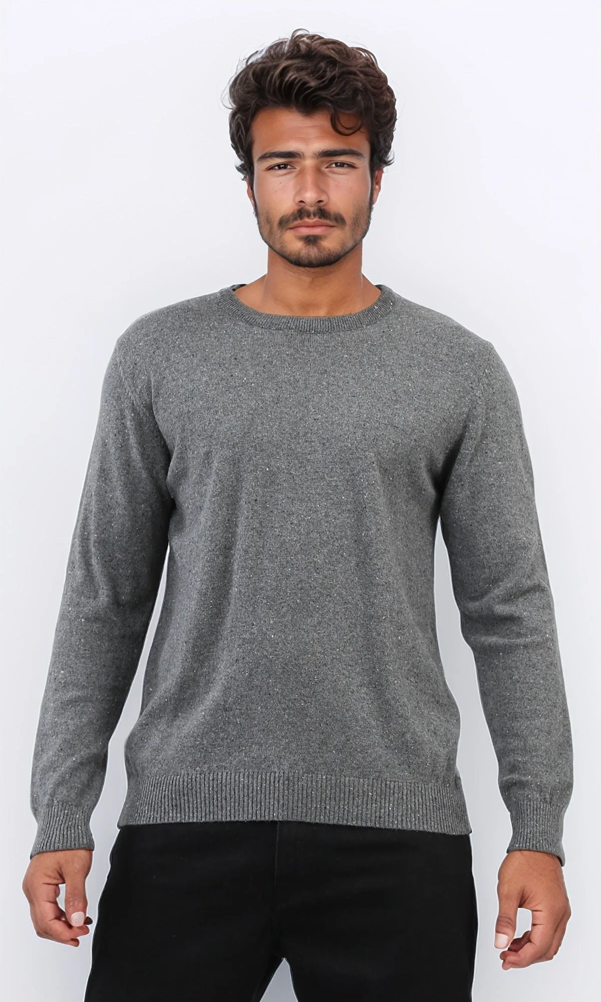 o198795 - Ribbed Hemline Round Neck Pullover - Dark Grey