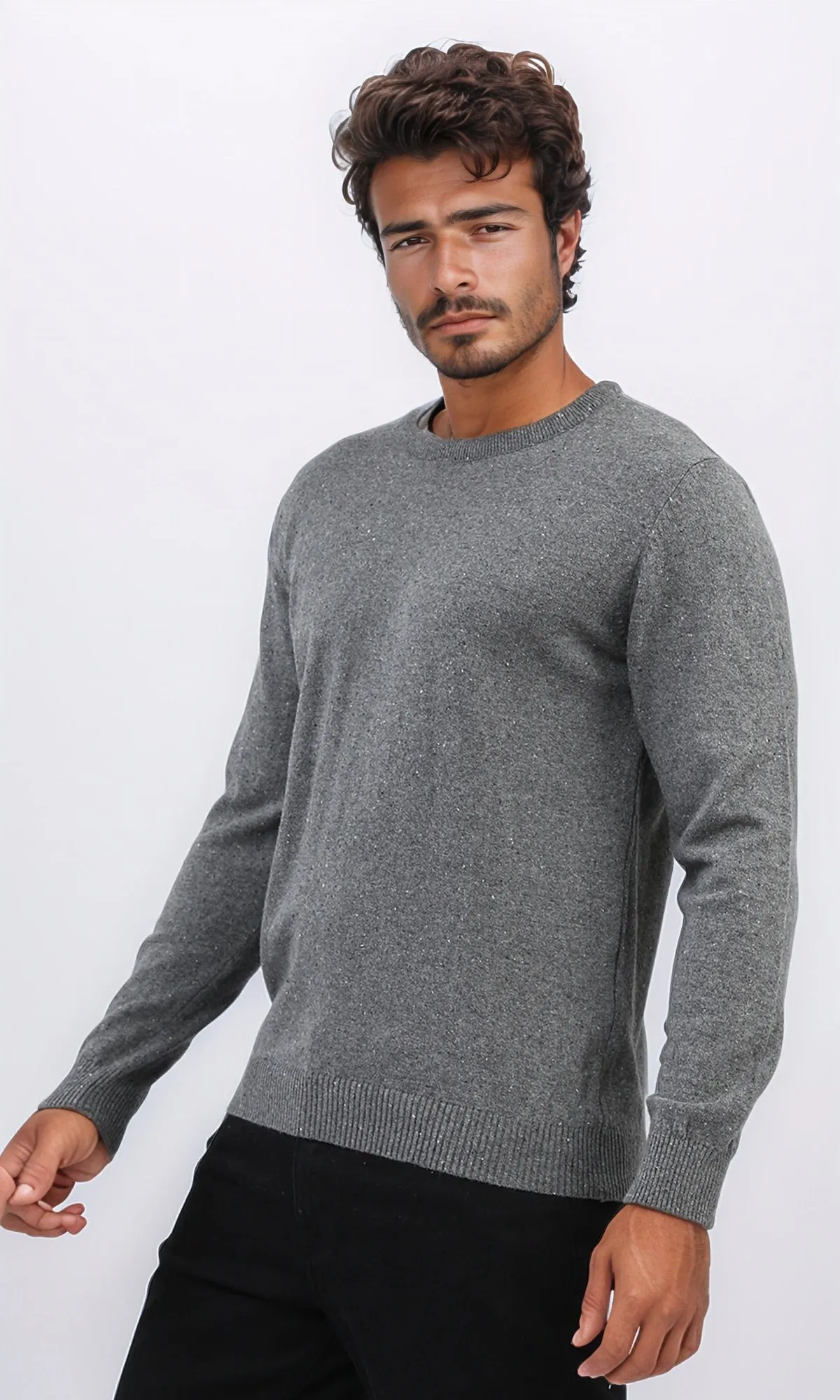o198795 - Ribbed Hemline Round Neck Pullover - Dark Grey