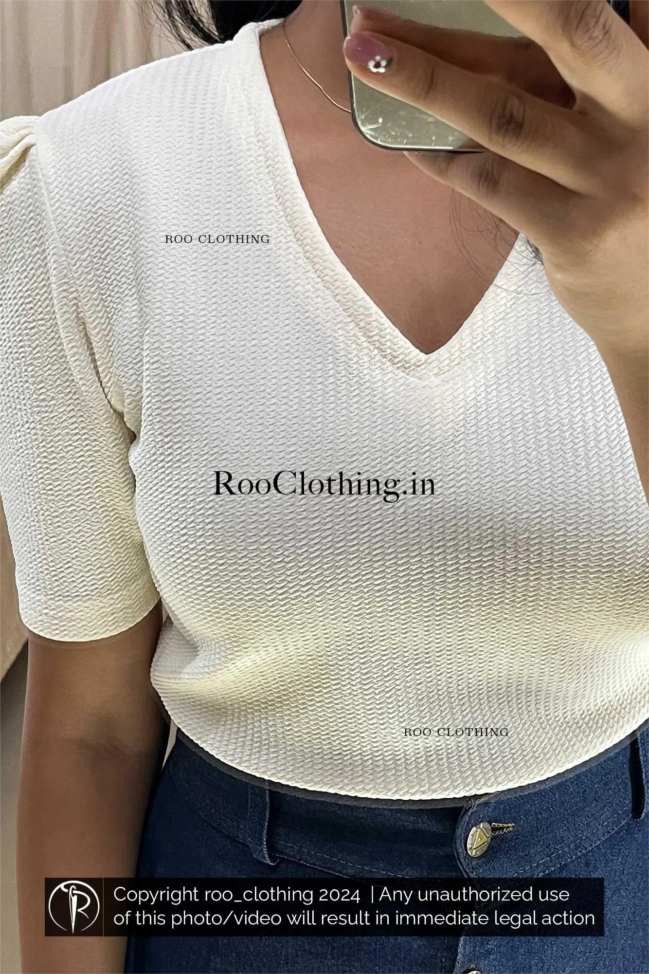 Off-white Shade V Neck Top With Puff Sleeves (Top Only)