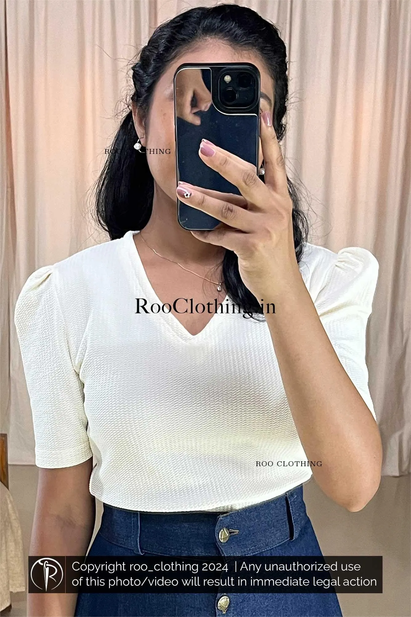 Off-white Shade V Neck Top With Puff Sleeves (Top Only)