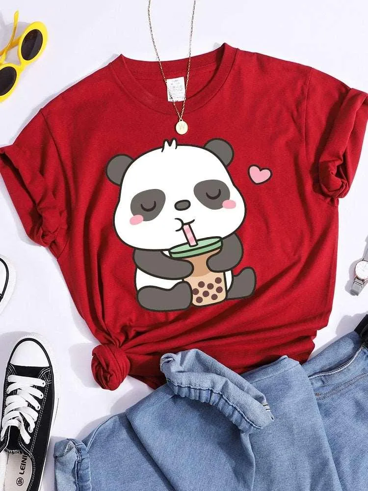 Panda and Bubble Tea Crop Top T-Shirt for Women