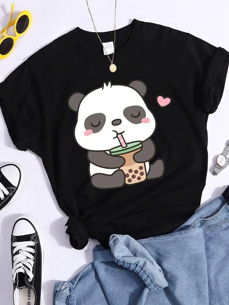 Panda and Bubble Tea Crop Top T-Shirt for Women