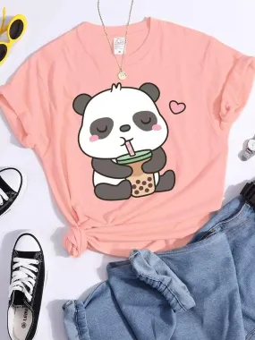 Panda and Bubble Tea Crop Top T-Shirt for Women
