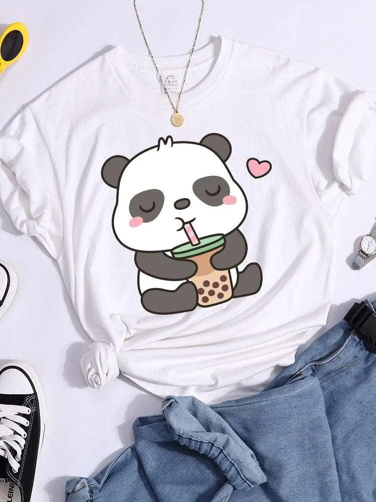 Panda and Bubble Tea Crop Top T-Shirt for Women