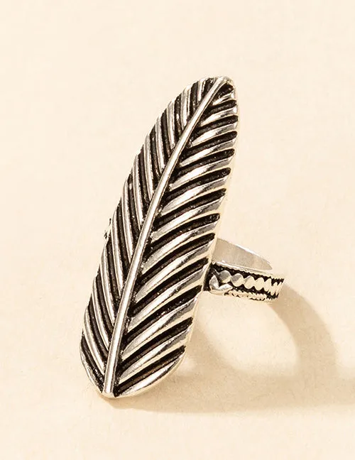 R472 Silver Long Feather Ring