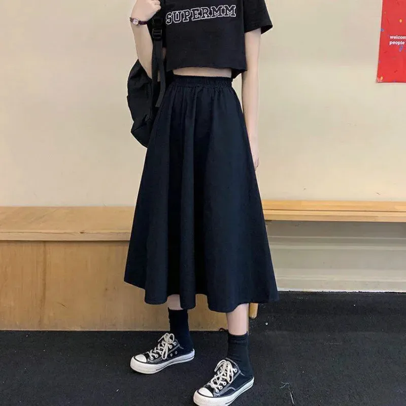 Skirts Women Simple Solid Leisure Loose Popular 3XL Long Skirt Korean Style Elastic-Weight A-line Student Streetwear Trendy BF
