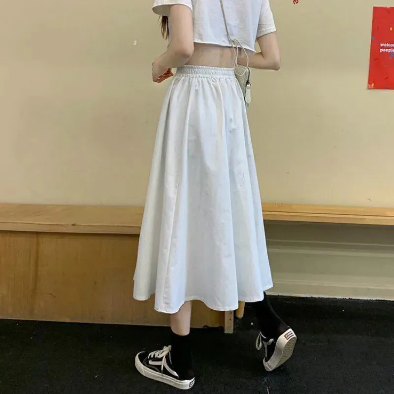 Skirts Women Simple Solid Leisure Loose Popular 3XL Long Skirt Korean Style Elastic-Weight A-line Student Streetwear Trendy BF