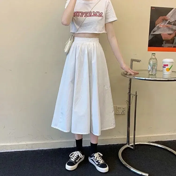 Skirts Women Simple Solid Leisure Loose Popular 3XL Long Skirt Korean Style Elastic-Weight A-line Student Streetwear Trendy BF