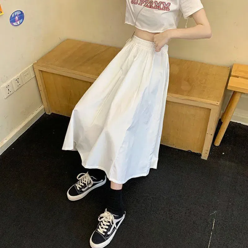 Skirts Women Simple Solid Leisure Loose Popular 3XL Long Skirt Korean Style Elastic-Weight A-line Student Streetwear Trendy BF