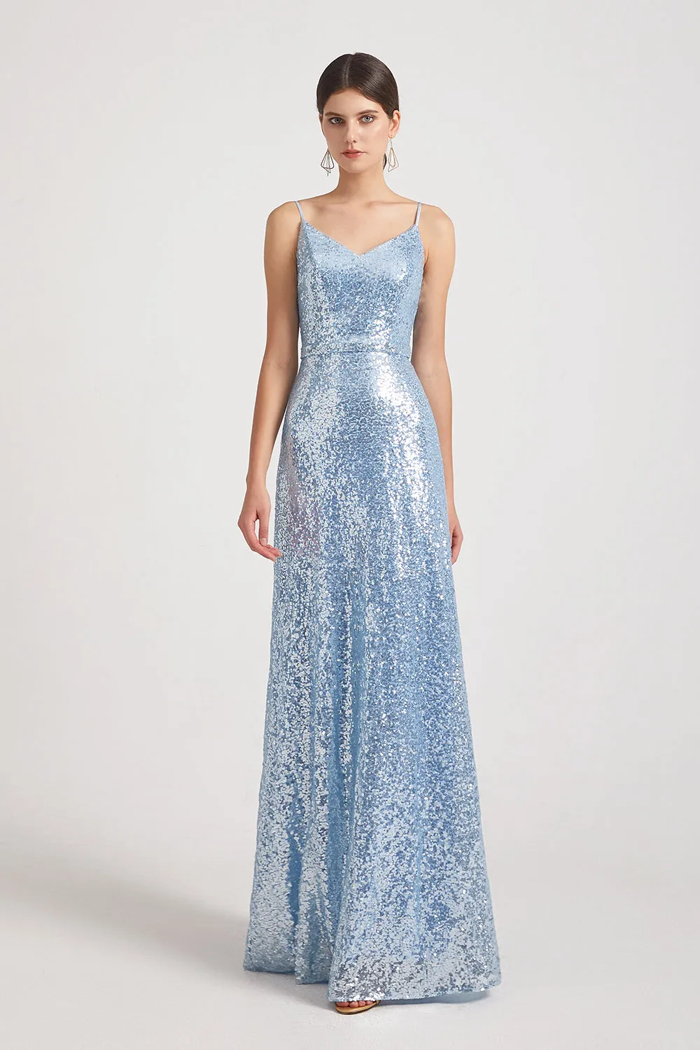 Spaghetti Straps V-Neck Backless Sequin Bridesmaid Dresses (AF0150)