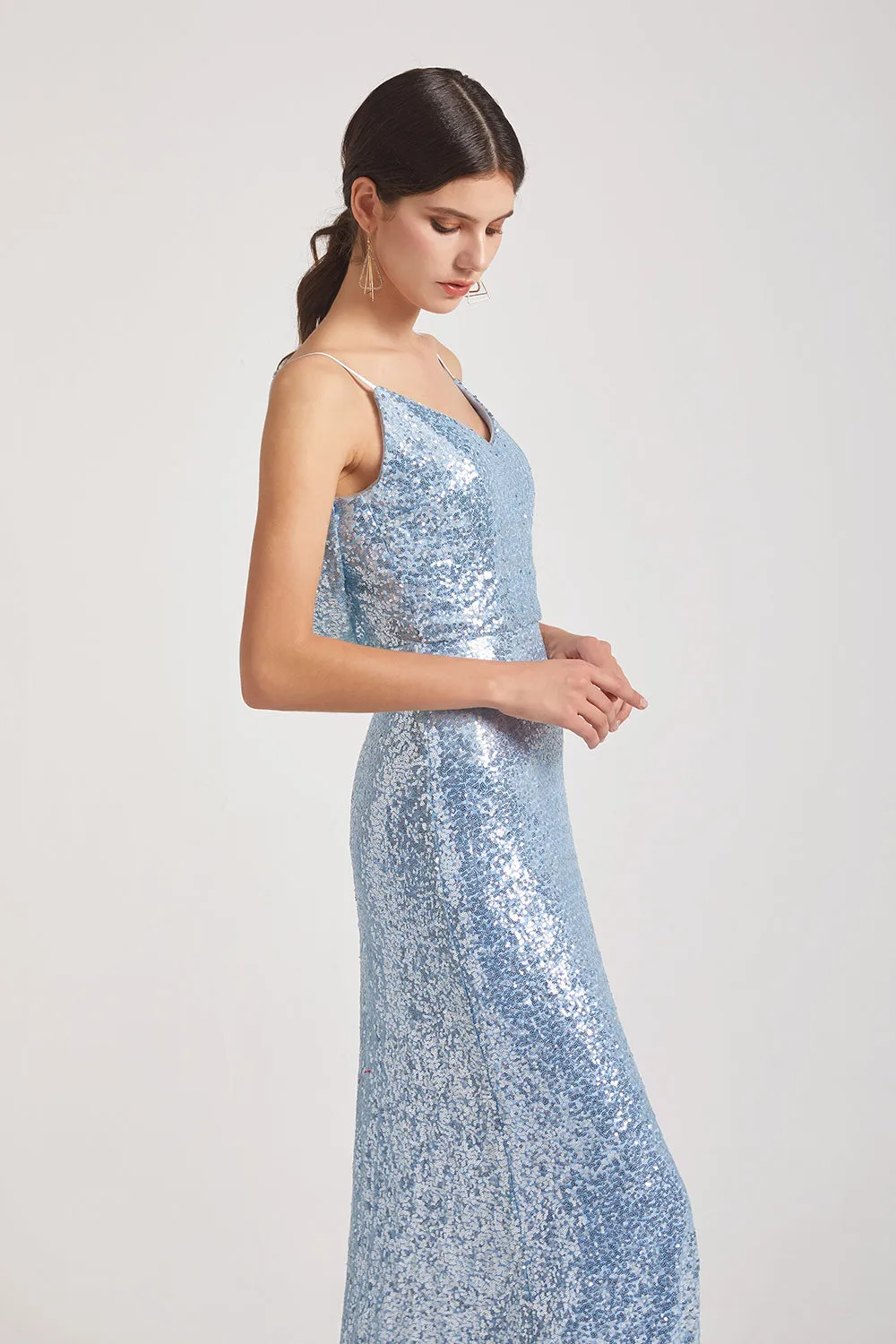 Spaghetti Straps V-Neck Backless Sequin Bridesmaid Dresses (AF0150)