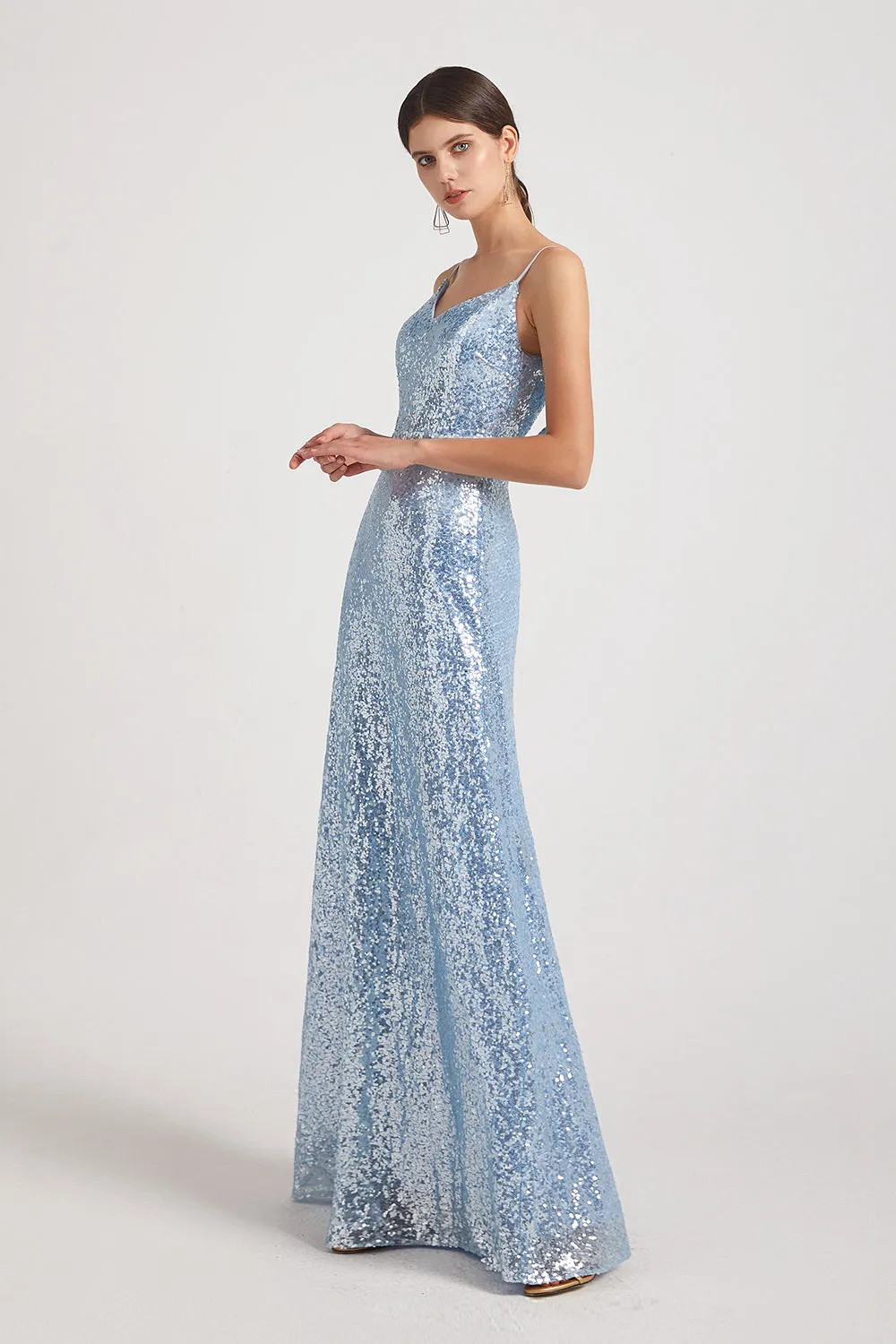 Spaghetti Straps V-Neck Backless Sequin Bridesmaid Dresses (AF0150)