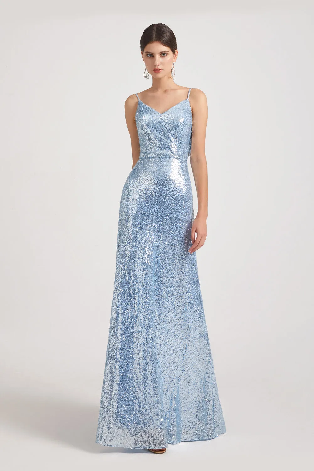 Spaghetti Straps V-Neck Backless Sequin Bridesmaid Dresses (AF0150)