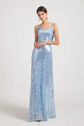 Spaghetti Straps V-Neck Backless Sequin Bridesmaid Dresses (AF0150)
