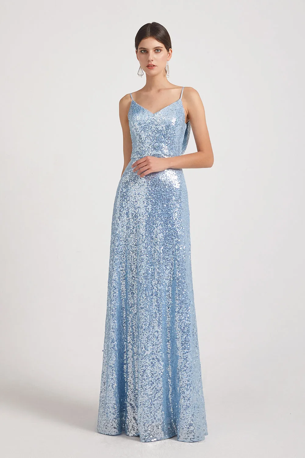 Spaghetti Straps V-Neck Backless Sequin Bridesmaid Dresses (AF0150)