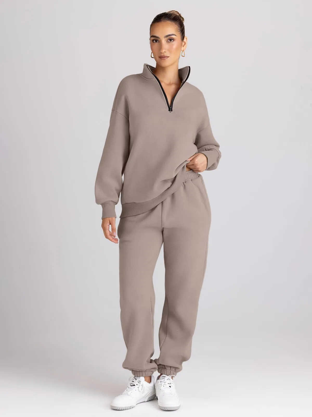 Trendy Queen Womens 2 Piece Outfits Long Sleeve Sweatsuits Sets Half Zip Sweatshirts with Joggers Sweatpants